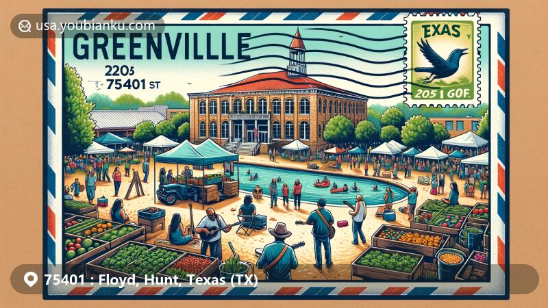 Modern illustration of Greenville, Texas, showcasing postal theme with ZIP code 75401, featuring Farmer's Market, Graham Park, and Greenville Municipal Auditorium.
