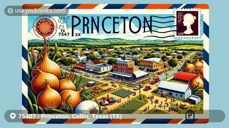 Illustration of Princeton, Texas, representing ZIP code 75407 with a postcard design featuring the Onion Festival, picturesque landscape, and postal elements like stamps and a postal mark.