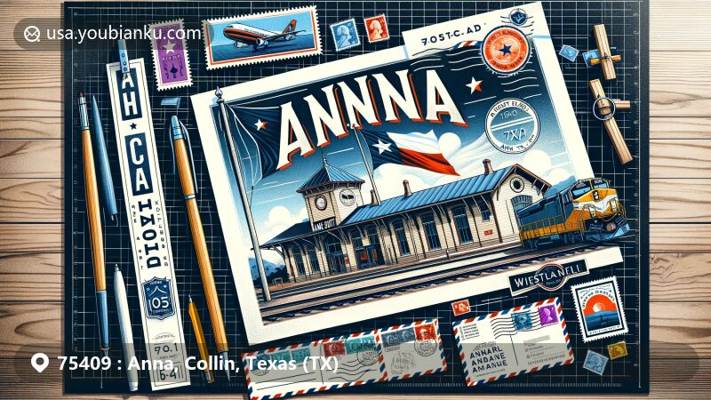 Modern illustration of Anna Depot, historic train station in Anna, Texas, with Texas flag background and postcard theme, showcasing ZIP code 75409 and local charm.