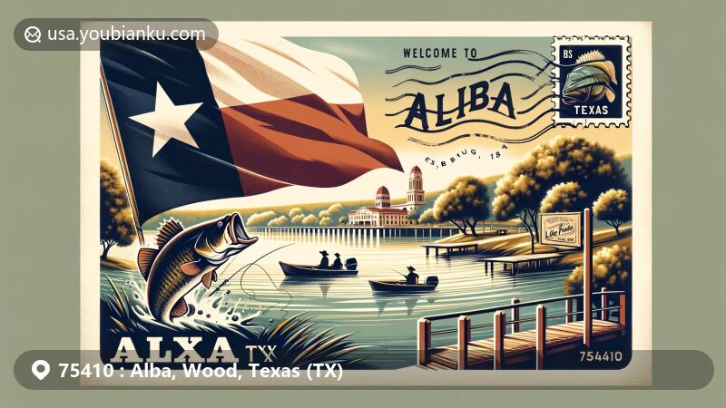 Vintage postcard-style illustration of Alba, Texas, Wood County, featuring Texas state flag, Lake Fork bass fishing scene, postal stamp with largemouth bass silhouette, and 'Alba, TX 75410' postal mark.
