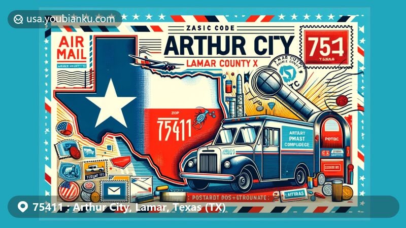 Modern illustration of Arthur City, Lamar County, Texas, showcasing postal theme with ZIP code 75411, featuring Texas state flag and symbols of postal communication.