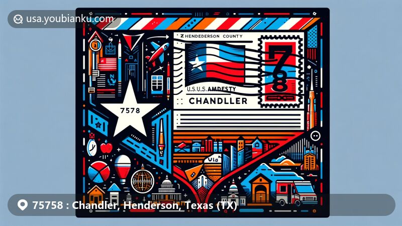 Modern illustration of Chandler, Henderson County, Texas, capturing postal theme with ZIP code 75758, showcasing Texas state flag, Henderson County outline, Chandler landmarks, and postal elements.