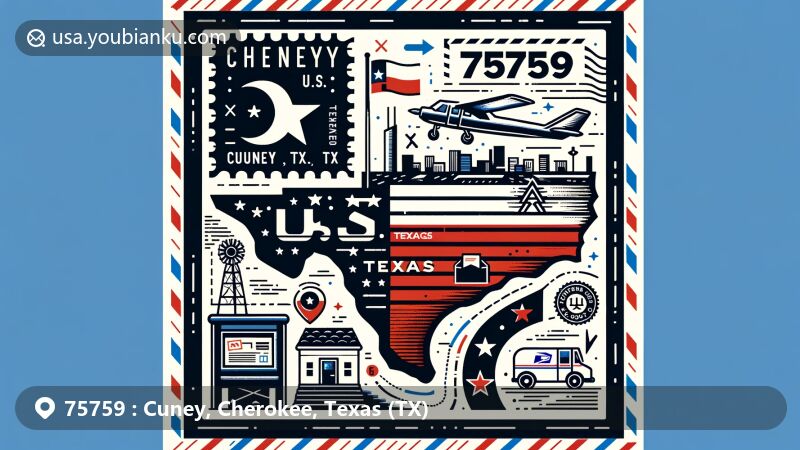 Modern illustration of Cuney, Cherokee County, Texas, depicting a postal theme with ZIP code 75759, featuring the Texas state flag, Cherokee County outline, local landmarks, and postal elements.