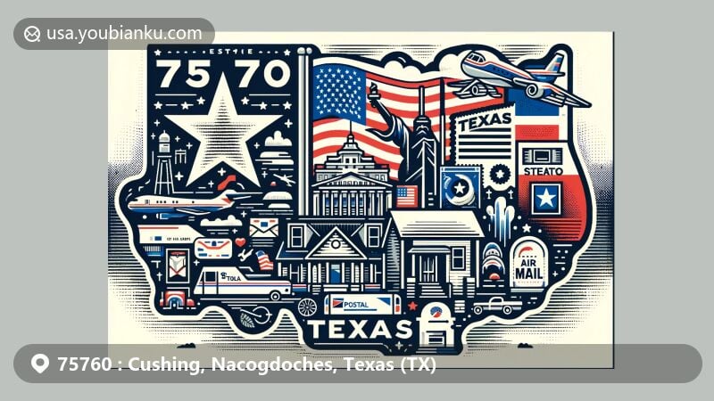 Modern illustration of Cushing, Nacogdoches, Texas, showcasing postal theme with ZIP code 75760, incorporating Texas state flag, Nacogdoches County outline, and local landmark, with stamp, postmark, mailbox, and postal vehicle imagery.