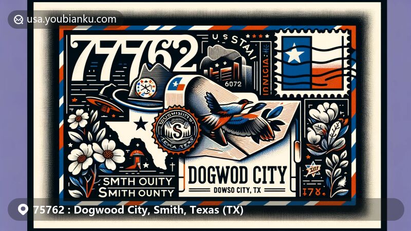 Modern illustration of Dogwood City, Smith County, Texas showcasing postal theme with ZIP code 75762, featuring Texas state flag stamp, '75762 - Dogwood City, TX' postmark, cowboy hat, Smith County outline, and dogwood flowers.