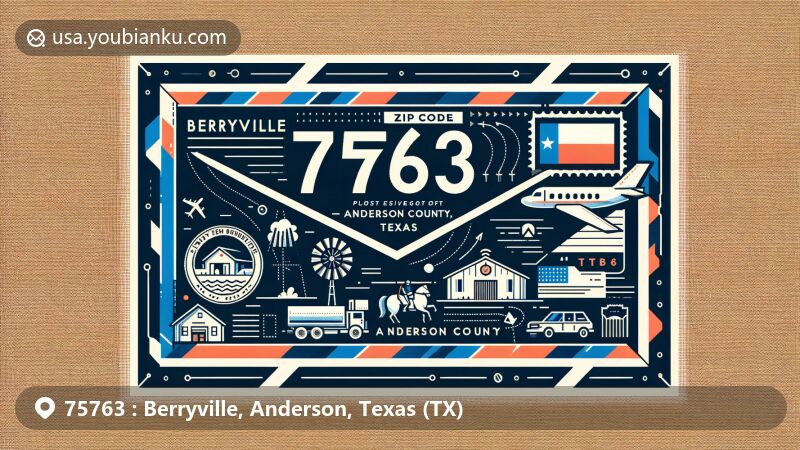 Modern illustration of Berryville, Anderson County, Texas, resembling an air mail envelope with ZIP code 75763, featuring Texas state flag and Anderson County outline.