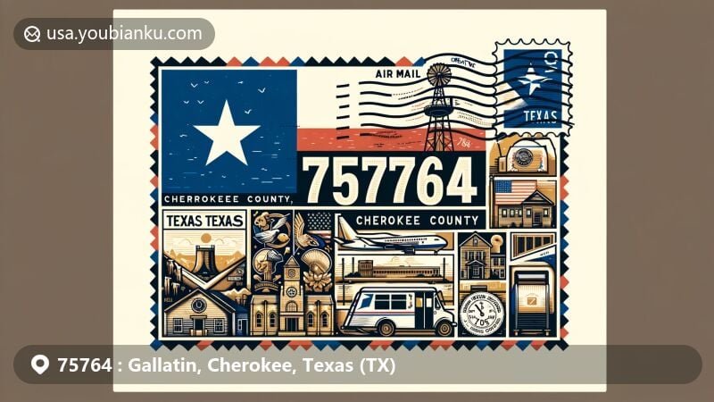 Modern illustration of Gallatin, Cherokee County, Texas (TX), with postal theme for ZIP Code 75764, featuring state flag and landmarks.
