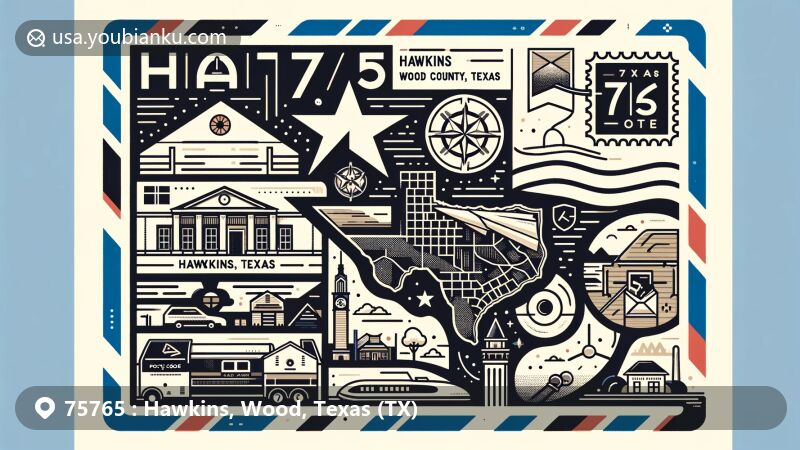 Modern illustration of Hawkins, Wood County, Texas, showcasing postal theme with ZIP code 75765, featuring Texas state shape, Wood County highlight, local landmarks, and postal elements like stamp and postmark.