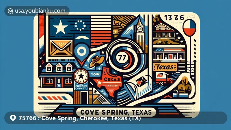Modern illustration of Cove Spring, Cherokee, Texas area with ZIP code 75766, showcasing Texas state flag, Cherokee County outline, and notable landmark, integrating postal elements like postcard and ZIP code design.