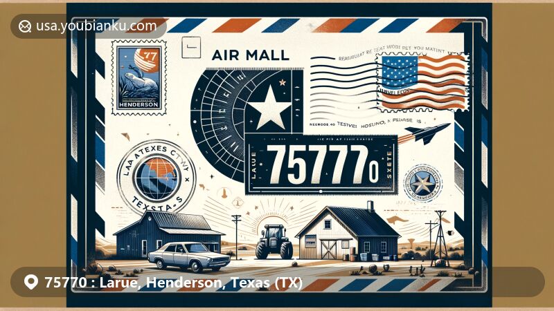 Modern illustration of Larue area in Henderson County, Texas, depicted as a wide-format air mail envelope with ZIP code 75770, featuring Texas state flag stamp and Larue postmark against a backdrop representing Henderson County map.