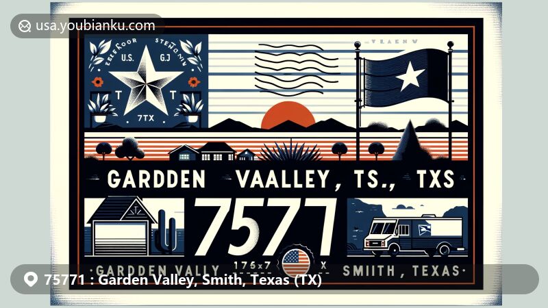 Modern illustration of Garden Valley, Smith County, Texas, showcasing postal theme with ZIP code 75771, featuring iconic Texas elements like state flag and silhouette, possibly incorporating local landscapes or architecture.
