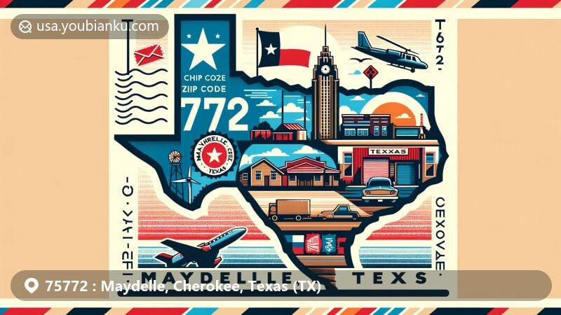Modern illustration of Maydelle, Cherokee, Texas, blending regional and postal motifs with the shape of Cherokee County and Texas icons, like the state flag and cultural symbols.