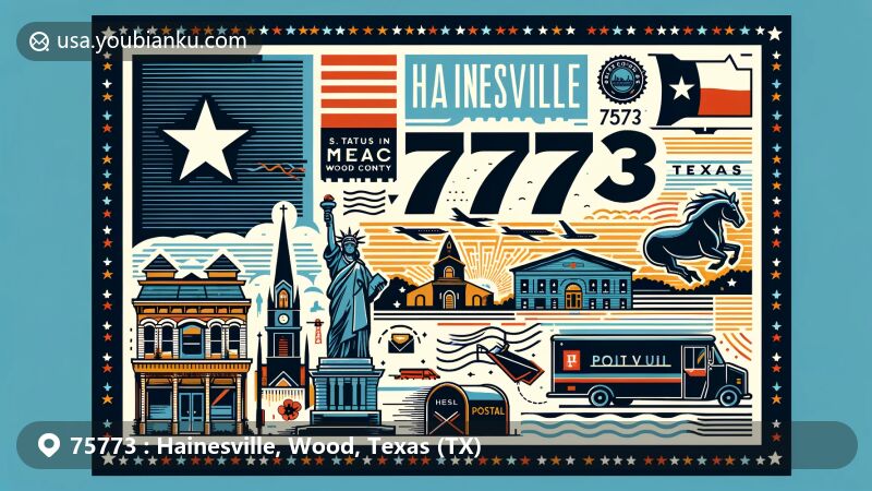 Modern illustration of Hainesville, Wood County, Texas, with Texas state flag, Wood County silhouette, and postal elements like postage stamp, postmark, ZIP Code 75773, mailbox, postal vehicle.