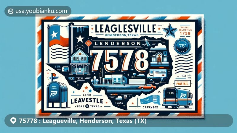 Modern illustration of Leagueville, Henderson County, Texas, inspired by postal theme with ZIP code 75778, showcasing Texas state flag, Henderson County map outline, and postal elements.