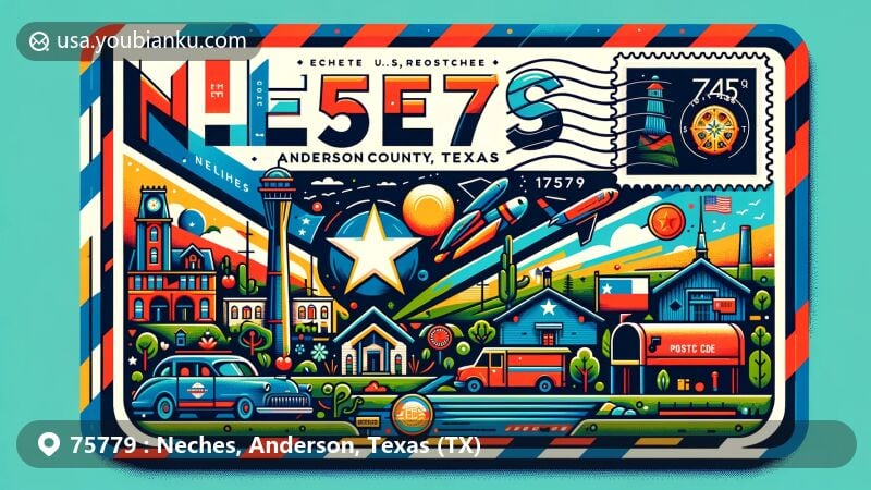 Modern illustration of Neches, Anderson County, Texas, resembling a postcard or airmail envelope with stamp, postmark, and ZIP code 75779, showcasing local landmarks, cultural symbols, and postal theme.
