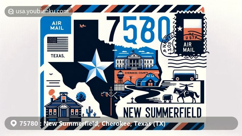 Modern illustration of New Summerfield, Cherokee County, Texas, showcasing postal theme with ZIP code 75780, featuring iconic Texas elements, Cherokee County silhouette, and local landmarks.