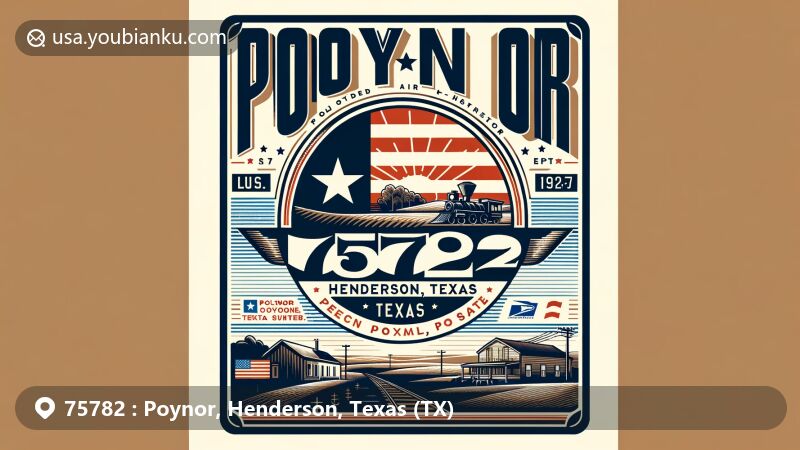 Modern illustration of Poynor, Henderson County, Texas, featuring a postcard-shaped frame with ZIP code 75782, blending in the Texas state flag and postal elements, showcasing a local landmark or cultural symbol.