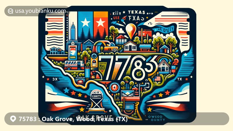 Modern illustration of Oak Grove, Wood, Texas (TX), showcasing postal theme with ZIP code 75783, featuring Texas state flag, Wood County outline, and cultural symbols of Oak Grove.