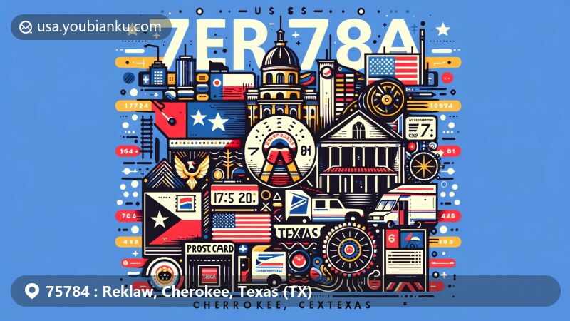 Modern illustration of Reklaw, Cherokee, Texas (ZIP code 75784), featuring Texas flag and outline, local landmarks, and postal elements like postcard, mailboxes, and mail trucks.
