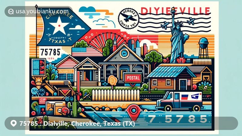 Modern illustration of Dialville, Cherokee County, Texas, embodying postal theme with ZIP code 75785, showcasing Texas state flag, Cherokee County outline, and cultural element from Dialville.