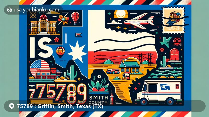Modern illustration of Griffin, Smith County, Texas, showcasing postal theme with ZIP code 75789, featuring the Texas state flag, Smith County outline, local landmarks, and postal elements.