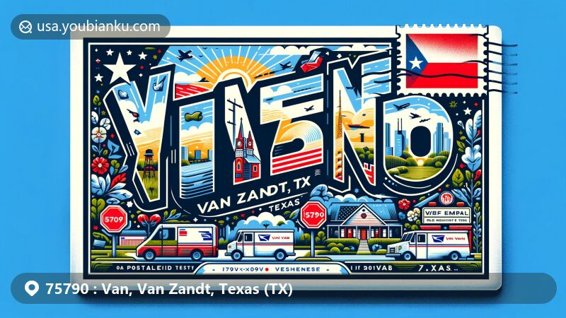 Modern illustration of Van, Van Zandt County, Texas, resembling a colorful postcard with a postal theme and Texas symbols, featuring unique local landmarks and '75790' ZIP code.