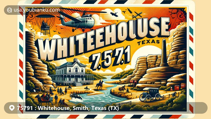 Modern illustration of Whitehouse, Smith, Texas, ZIP code 75791, featuring vintage postcard theme, landmarks like sandstone rockwork, YesterYear Celebration symbols, and postal elements.