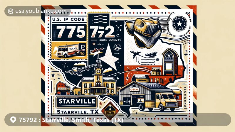Modern illustration of Starrville, Smith County, Texas, showcasing postal theme with ZIP Code 75792, featuring Texas state flag, cowboy elements, local landmark, and postal icons.