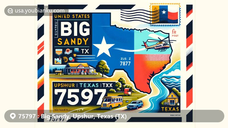 Dynamic illustration of ZIP Code 75797, Big Sandy, Upshur, Texas, featuring Texas flag, Upshur County map, and iconic landmarks, with postal elements like stamp, postmark, ZIP Code, mailbox, and mail vehicle.