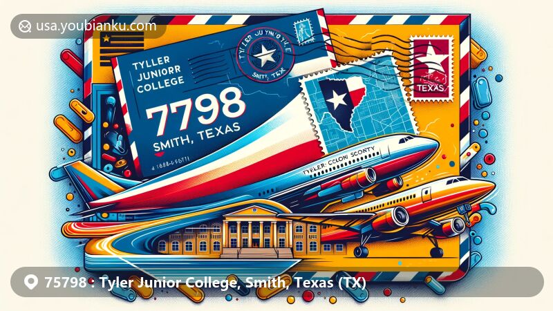 Modern illustration featuring Tyler Junior College in Smith, Texas, with vibrant postal theme showcasing air mail envelope and Texas state flag stamp.