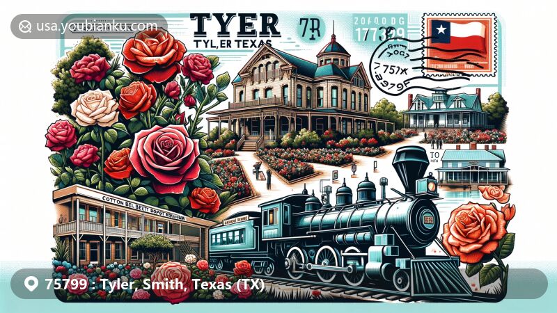 Modern illustration of Tyler, Smith, Texas, showcasing postal theme with ZIP code 75799, featuring Tyler Rose Garden, Goodman-LeGrand House & Museum, Cotton Belt Depot Train Museum, and Texas state flag.