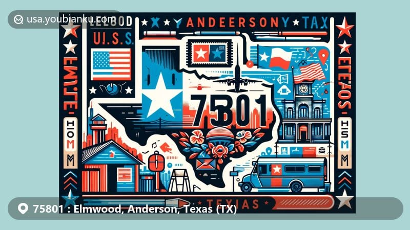 Modern illustration of Elmwood, Anderson, Texas (TX), showcasing Postal Theme with ZIP code 75801, integrating Texas state flag and Anderson County map silhouette.