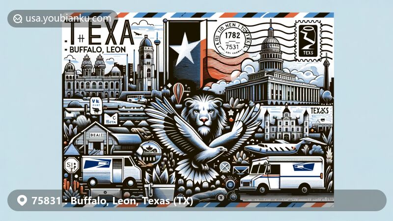 Creative illustration of Buffalo and Leon, Texas, combining regional symbols with postal elements, showcasing state flag and local landmarks, in a postcard format with ZIP Code 75831.