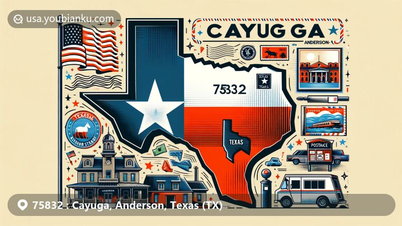 Modern illustration of Cayuga, Anderson County, Texas, highlighting postal theme with ZIP code 75832, featuring Texas state flag and local cultural elements.