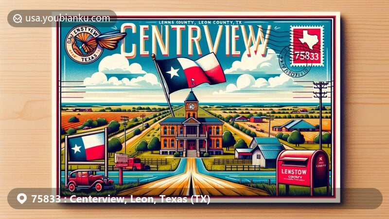 Modern illustration of Centerview, Leon County, Texas, with postal theme and ZIP code 75833, featuring iconic Leon County Courthouse and rural landscape.