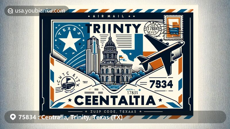 Modern illustration of Centralia, Trinity County, Texas, inspired by air mail envelope design, showcasing Texas state flag, Trinity County outline, and local landmark or cultural element. Includes postal elements like stamp, postmark with ZIP code 75834, mailbox, and mail truck.