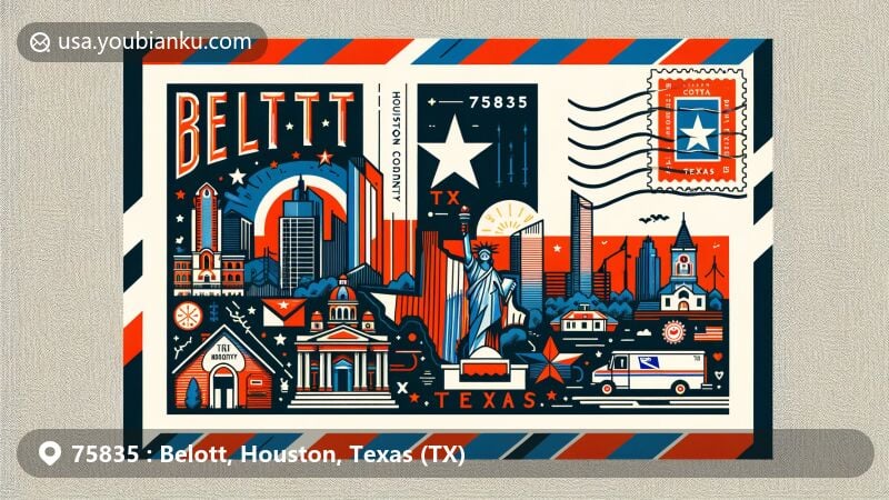 Modern illustration of Belott, Houston County, Texas, showcasing postal theme with ZIP code 75835, featuring Texas state flag, Houston County outline, local landmarks, and postal elements.