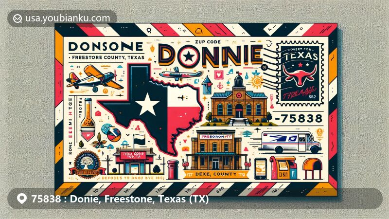 Creative illustration of Donie, Freestone County, Texas, featuring postal theme with ZIP code 75838, showcasing Texas state flag, Freestone County outline, and local landmarks and symbols.