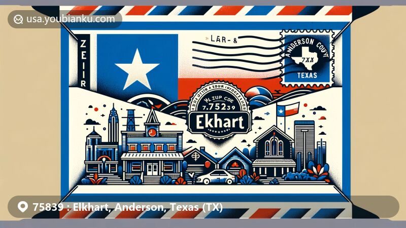 Creative and modern illustration of Elkhart, Anderson, Texas ZIP code 75839, resembling an airmail envelope with Texas state flag, Anderson County outline, and Elkhart landmark. Stamp with '75839' and cancellation mark included.