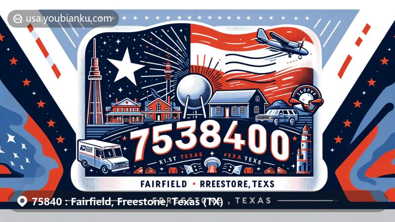 Modern illustration of Fairfield, Freestone County, Texas, showcasing postal theme with ZIP code 75840, featuring Texas state flag, Freestone County outline, and Fairfield landmarks and symbols.