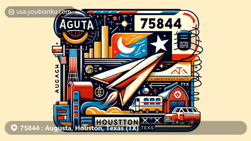 Modern illustration of Augusta, Houston, Texas, embracing postal theme with ZIP code 75844, featuring Texas state flag and Houston landmarks.