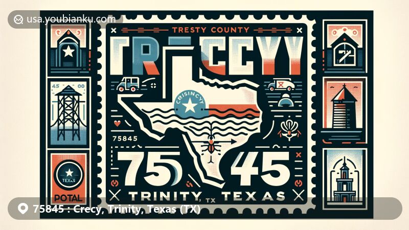 Creative postcard design for ZIP code 75845 in Crecy, Trinity, Texas, featuring Trinity County map outline and Texas state flag integration, with iconic symbols and postal elements like vintage postage stamp and postal truck.