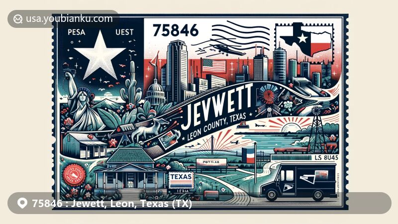 Modern illustration of Jewett, Leon County, Texas, in the style of a postcard showcasing postal theme with ZIP code 75846, featuring Texas state flag, Leon County outline, and local landmarks.