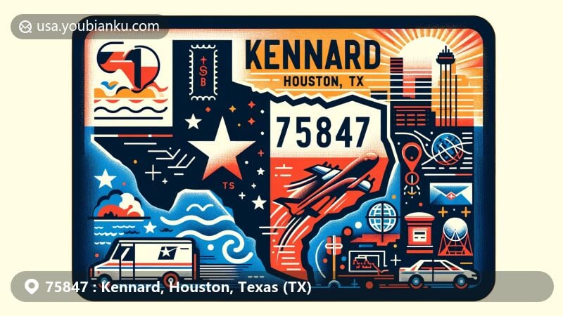 Creative illustration of Kennard, Houston, TX, melding local charm with postal theme for ZIP code 75847, featuring Texas map, Kennard outline, state flag, Houston landmarks, and postal elements.