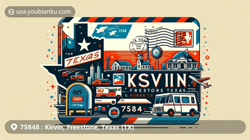 Modern illustration of Kirvin, Freestone, Texas, showcasing postal theme with ZIP code 75848, featuring Texas state flag and Freestone County shape.