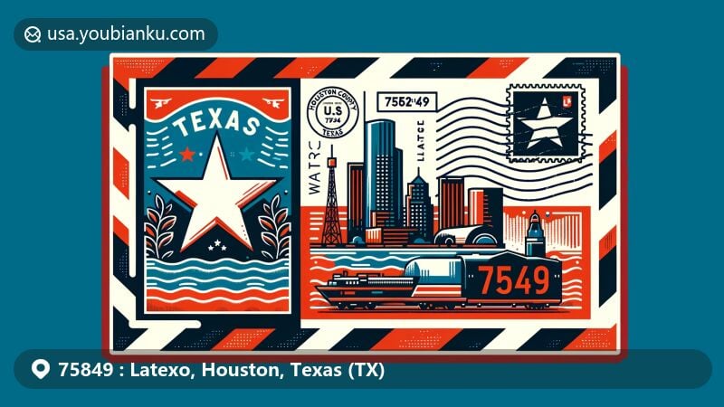 Modern illustration of Latexo, Houston County, Texas, depicting the postal theme with ZIP code 75849, featuring the Texas flag and Houston County outline.