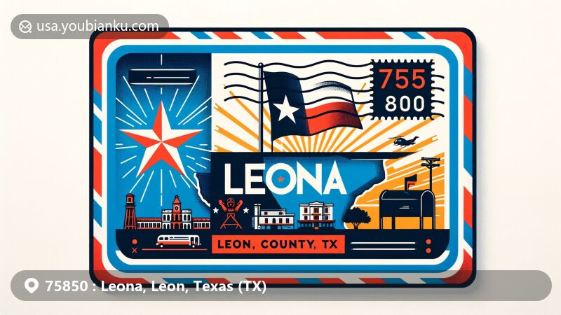 Modern illustration of Leona in Leon County, Texas, resembling an airmail envelope design featuring Texas state flag, Leon County silhouette, and landmarks of Leona.