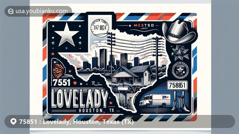 Modern illustration of Lovelady, Houston, Texas, a tribute to ZIP code 75851, with Texas flag, Houston County outline, vintage postal scene with mailbox, truck, and postmark stamp reading Lovelady, TX 75851.