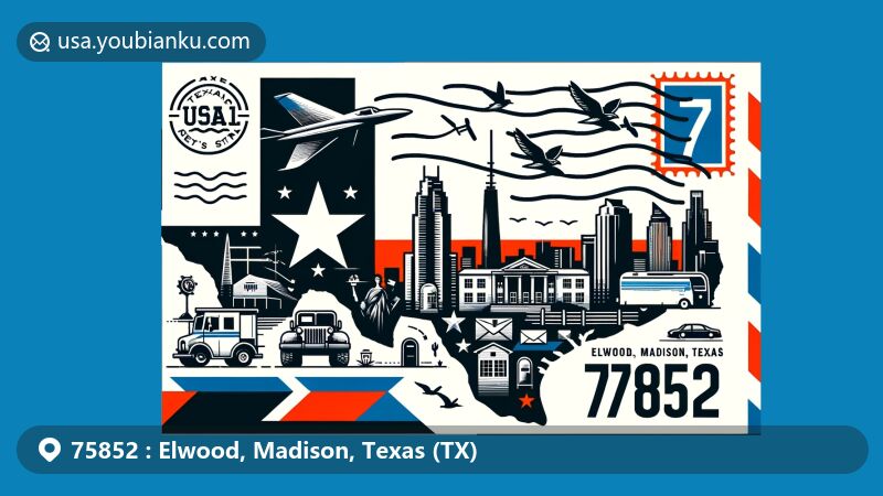 Modern illustration of Elwood, Madison, Texas, showcasing postal theme with ZIP code 75852, featuring Texas state flag, Madison County silhouette, and Elwood and Madison cultural symbols.