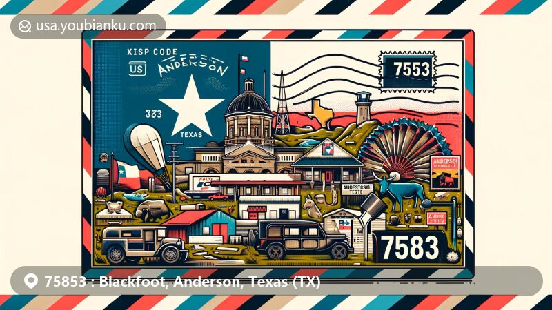 Contemporary artistic depiction of the Blackfoot area in Anderson County, Texas, with postal-themed design highlighting ZIP code 75853 and Texas cultural symbols.